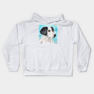 Watercolor Painting of a Black and White Dog on Light Blue Background Kids Hoodie